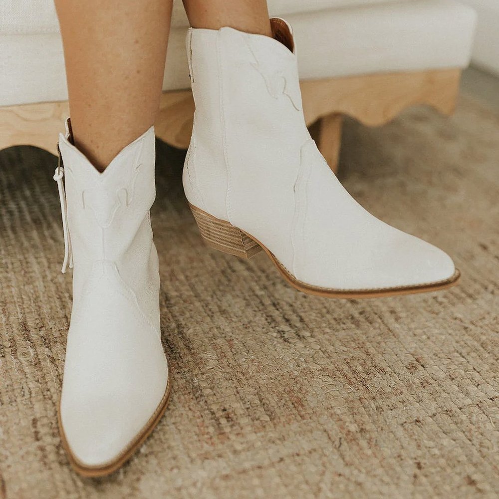 NEW Pointy Toe Stack Block Heel Zip Up Western Ankle Booties Boots Off White - Picture 2 of 16